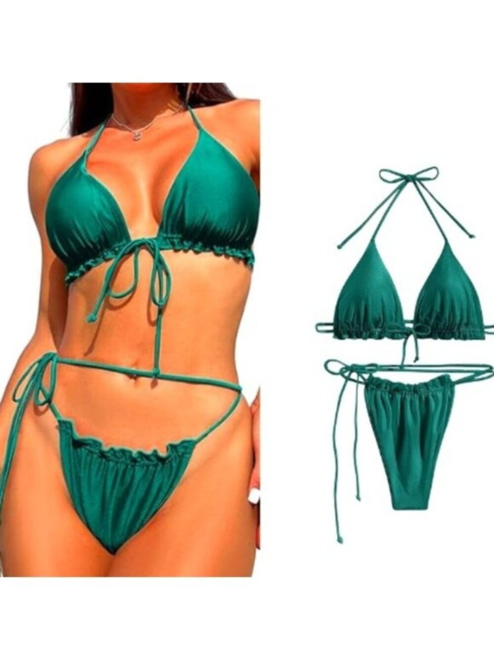 89.🆕Small Emerald Green String Bikini Set with Ruffle Trim – Size Small NWOT